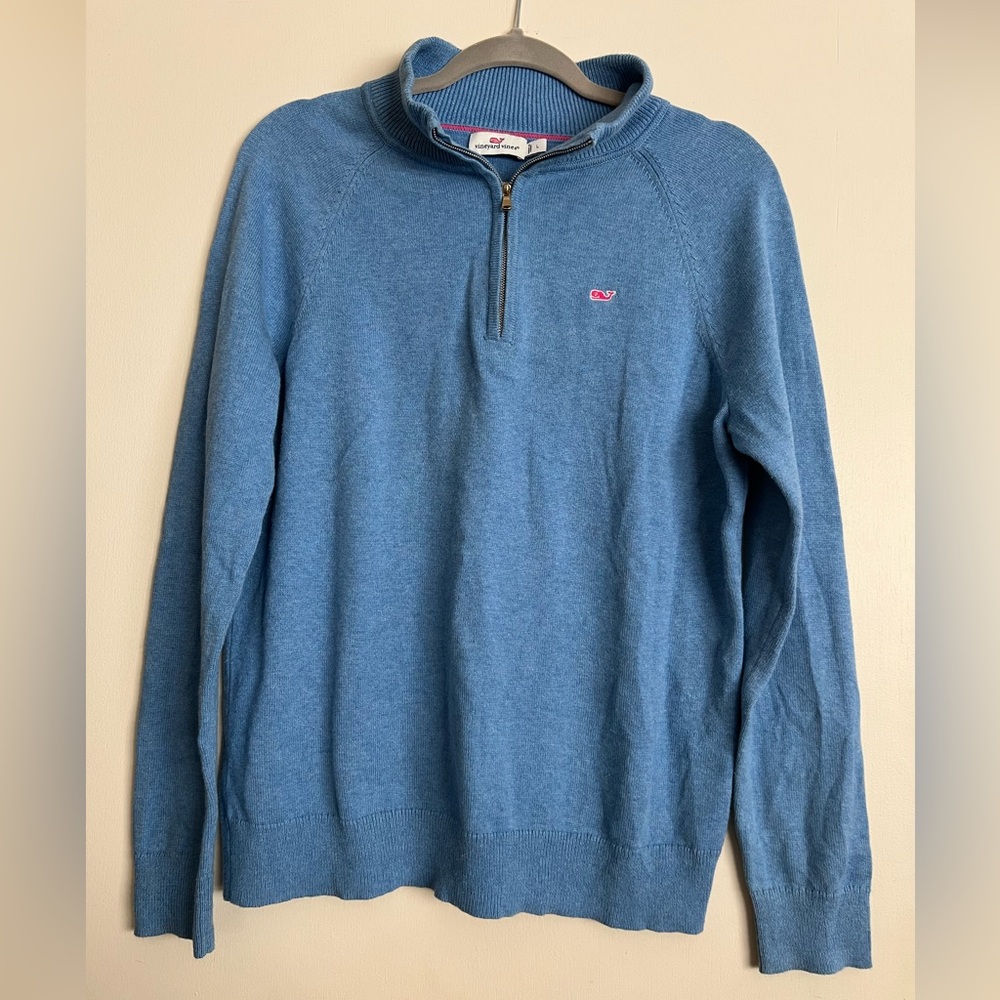 Sz L Vineyard Vines Quarter Zip Sweater Tide Blue Pink Whale